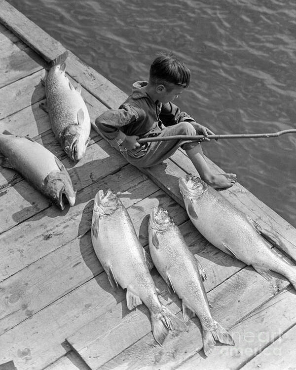 1930s Art Print featuring the photograph Boy On Dock With Caught Fish by H. Armstrong Roberts/ClassicStock