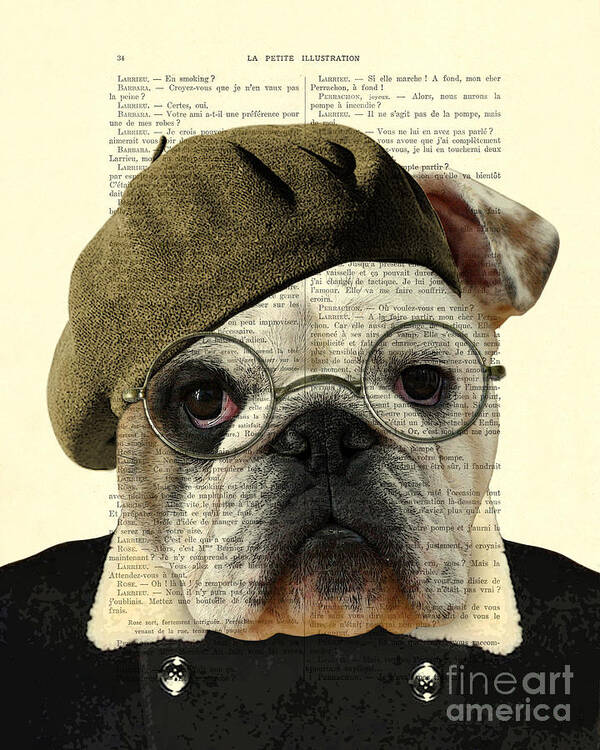 Bulldog Art Print featuring the digital art Bulldog portrait, animals in clothes by Madame Memento