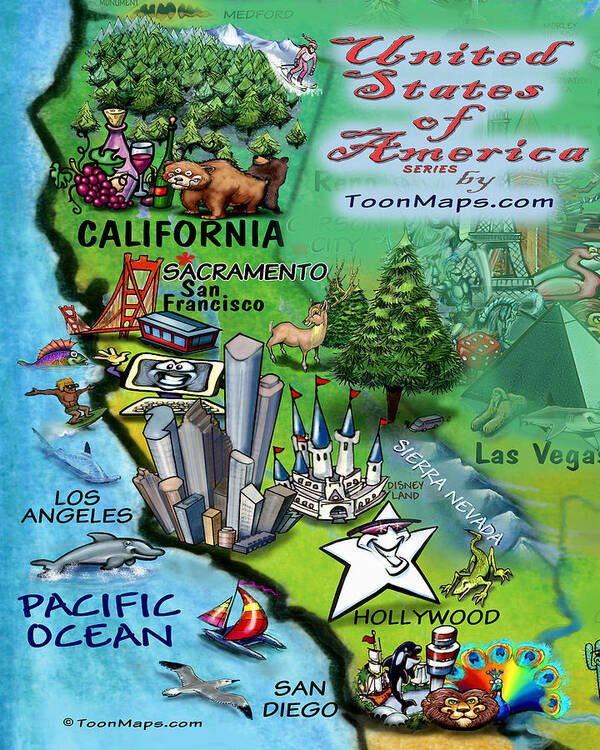 California Art Print featuring the digital art California Fun Map by Kevin Middleton