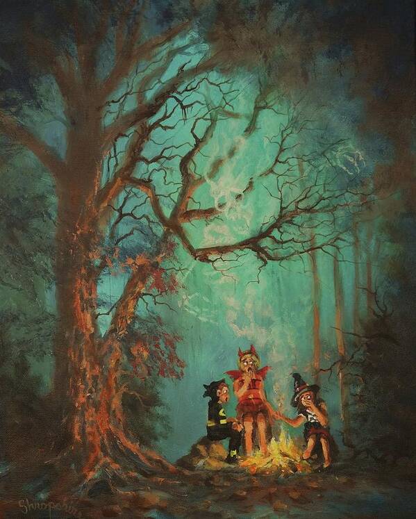 Halloween Art Print featuring the painting Campfire Ghost by Tom Shropshire