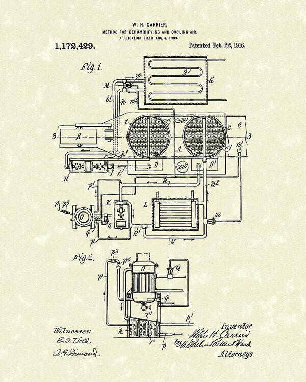 Hvac Art Print featuring the drawing Carrier Air Conditioner 1916 Patent Art by Prior Art Design