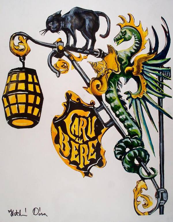 Shop Sign Art Print featuring the painting Caru cu Bere - Antique Shop Sign by Dora Hathazi Mendes