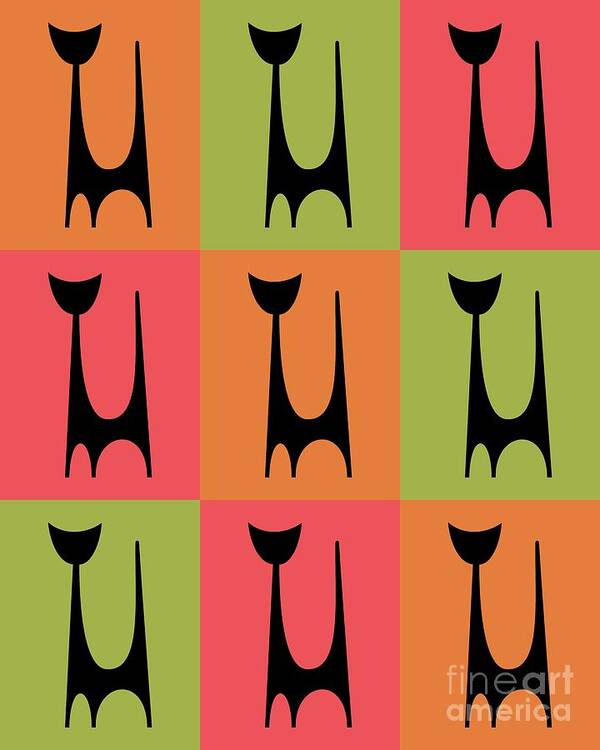 Atomic Cat Art Print featuring the digital art Cat 1 Orange Green Pink by Donna Mibus