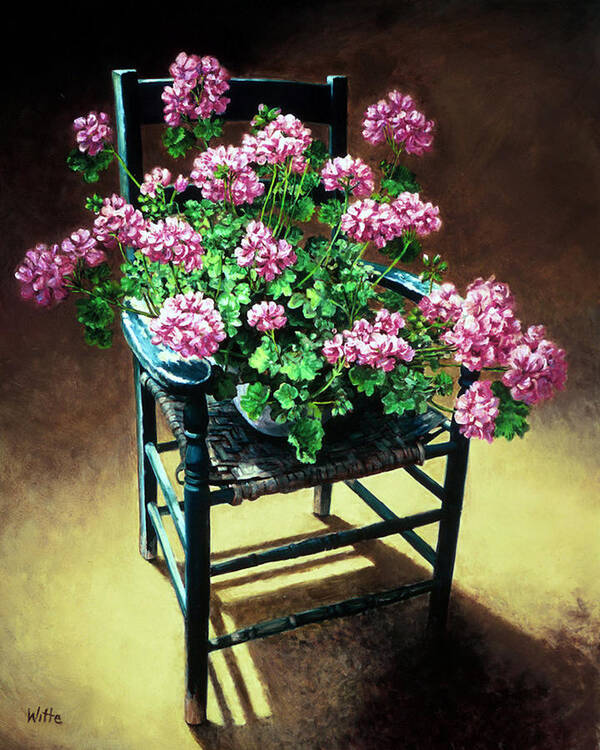 Flowers Art Print featuring the painting Chair with Geraniums by Marie Witte