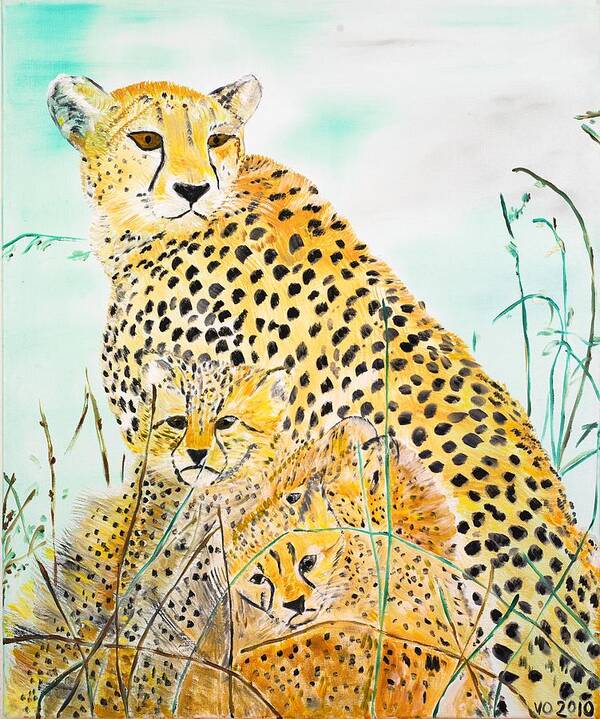 Cheetah Art Print featuring the painting Cheetah Family by Valerie Ornstein