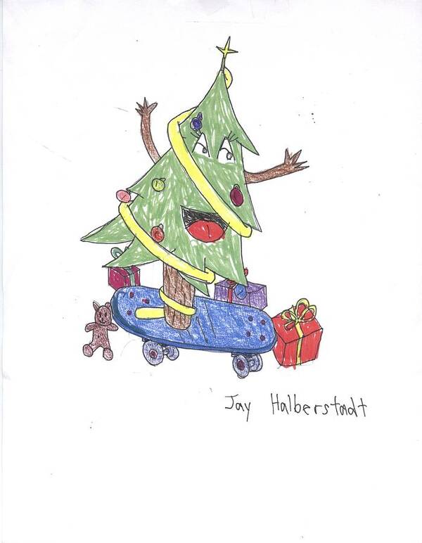 Christmas Art Print featuring the drawing Christmas Tree on Skateboard by Jayson Halberstadt