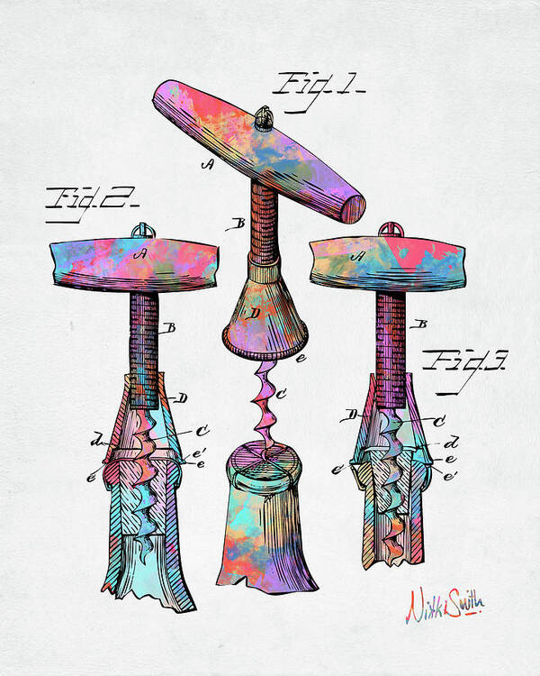 Wine Art Print featuring the digital art Colorful 1883 Wine Corckscrew Patent by Nikki Marie Smith