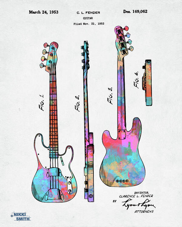 Fender Guitar Art Print featuring the digital art Colorful 1953 Fender Bass Guitar Patent Artwork by Nikki Marie Smith