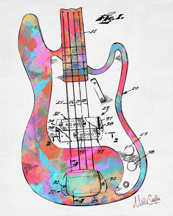 Fender Guitar Art Print featuring the digital art Colorful 1961 Fender Guitar Patent by Nikki Marie Smith