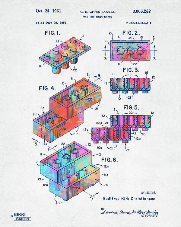 Toy Art Print featuring the digital art Colorful 1961 Toy Building Brick Patent Art by Nikki Marie Smith