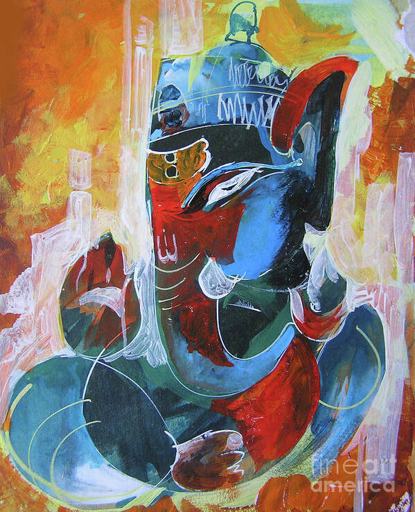 Ganesha Art Print featuring the painting Cool and graphical Lord Ganesha by Chintaman Rudra