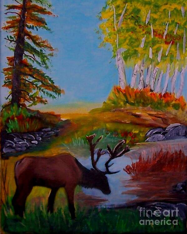 Elk Art Print featuring the painting Cool Drink by Leslie Allen