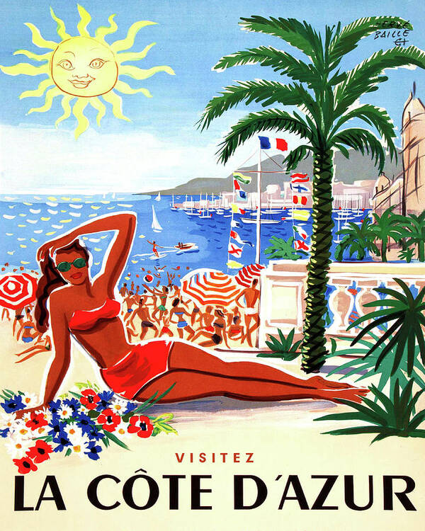 Cote D'azur Art Print featuring the painting Cote d'azur, French riviera, woman on the beach by Long Shot