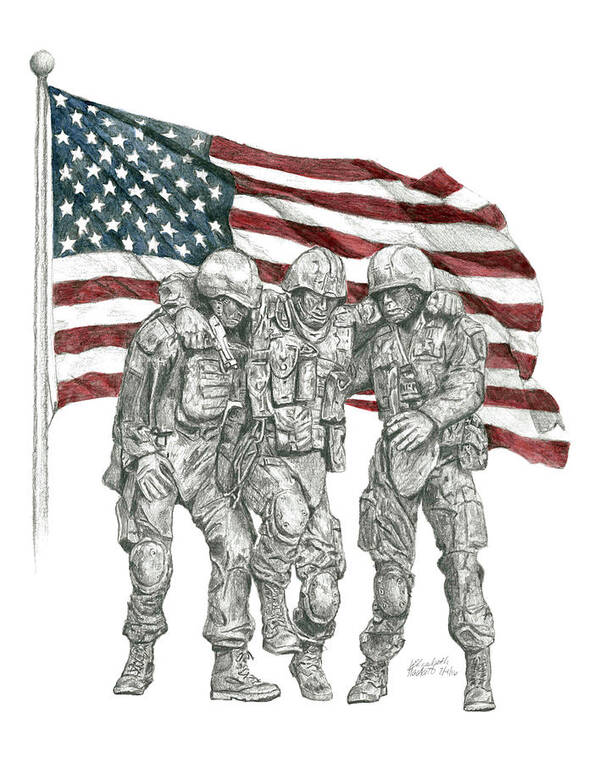 No Man Left Behind Art Print featuring the drawing Courage in Brotherhood by Betsy Hackett