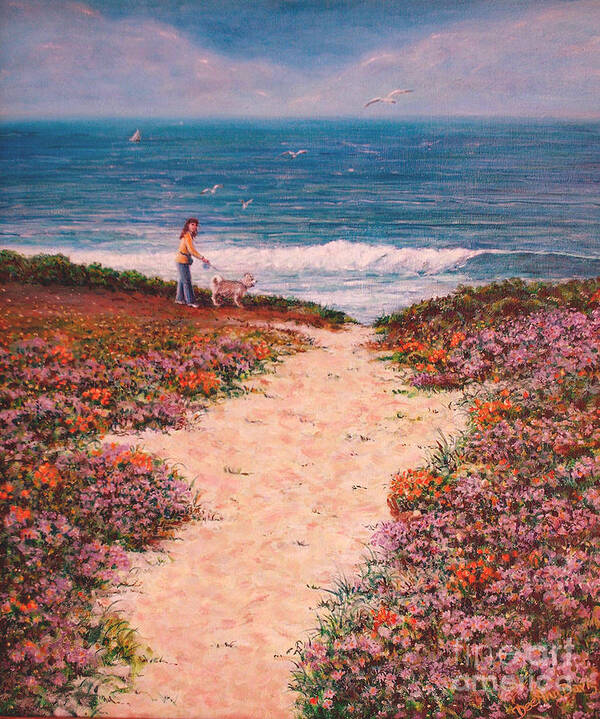 Landscape Art Print featuring the painting Deanna and Bugsy at Half Moon Bay by Dee Davis