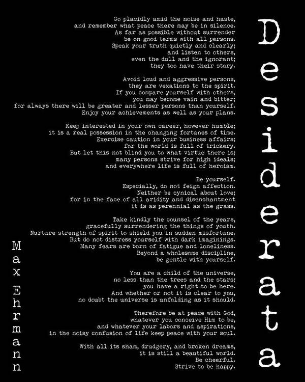 Poem Art Print featuring the digital art Desiderata by Max Ehrmann - Black by Georgia Fowler
