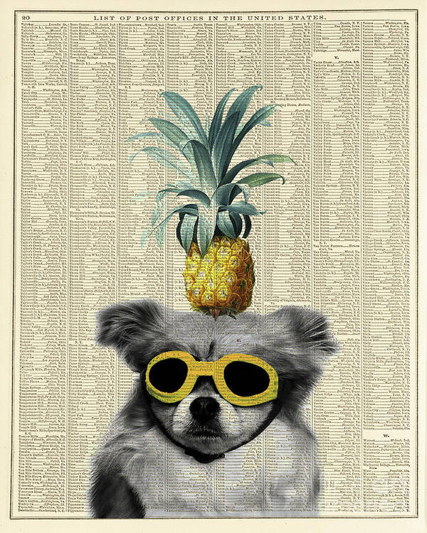Dog Art Print featuring the mixed media Dog with goggles and pineapple by Delphimages Photo Creations
