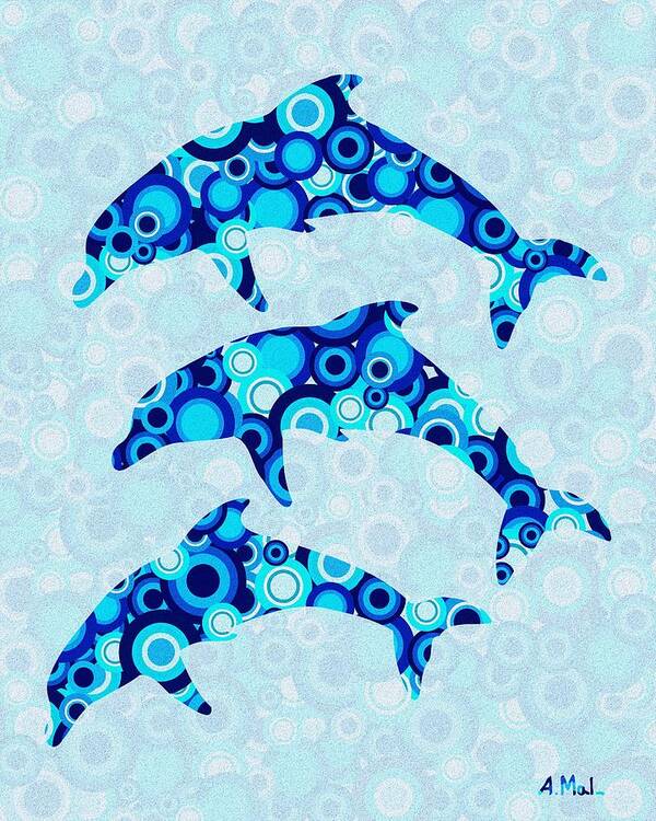 Dolphin Art Print featuring the mixed media Dolphins - Animal Art by Anastasiya Malakhova