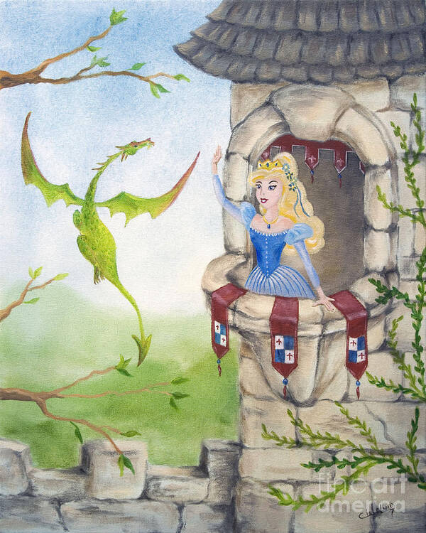 Dragons Art Print featuring the painting Dragon Above the Castle Wall by Cathy Cleveland