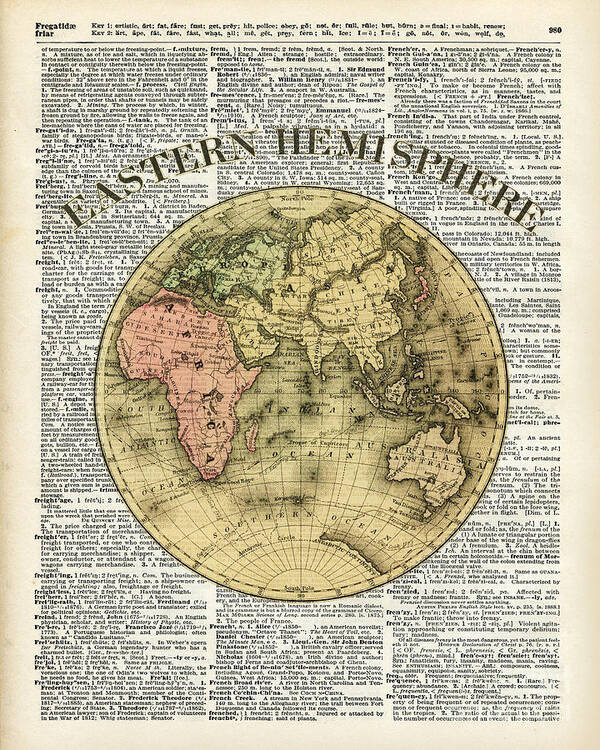 Vintage Art Print featuring the painting Eastern Hemisphere Earth map over dictionary page by Anna W