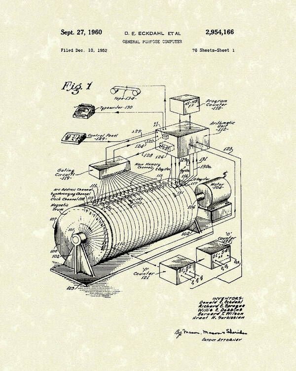 Eckdahl Art Print featuring the drawing Eckdahl Computer 1960 Patent Art by Prior Art Design