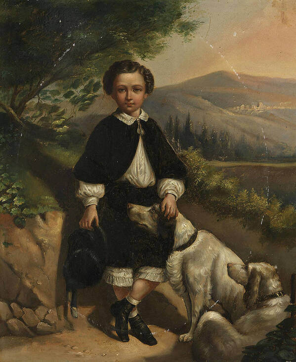 England Boy Portrait With Dogs. Mid 19th Century Art Print featuring the painting England boy portrait with dogs by MotionAge Designs
