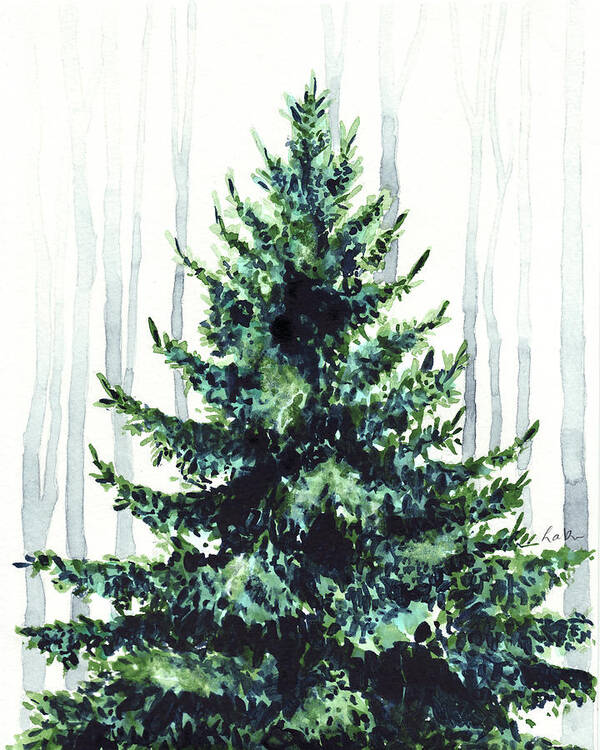 Christmas Tree Art Print featuring the painting Evergreen Tree in Winter Woods Watercolor Painting Christmas Holiday Wintertime by Laura Row