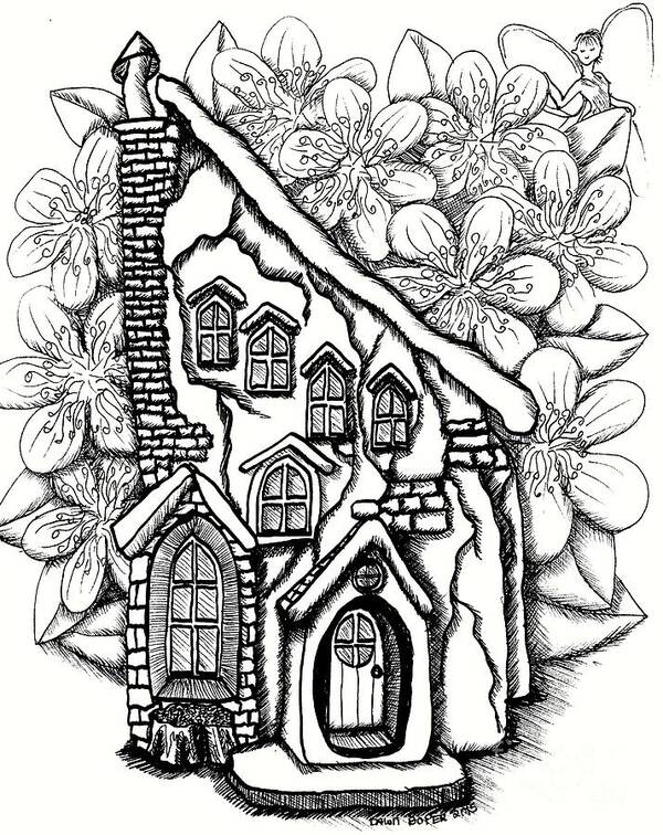 #dawndboyer Art Print featuring the drawing Fairy Stucco House With Flowers by Dawn Boyer