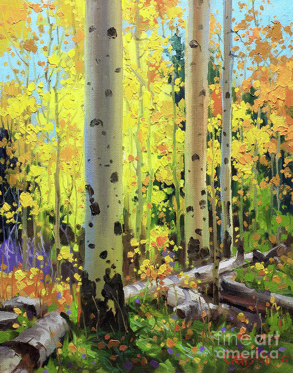 Gary Kim Fineart Original Oil Painting Landscape Oil Painting Contemporary Southwestern Rocky Mountain Autumn Landscape Aspen Trees Birch Tree Full Fall Foliage Bright Golden Yellow Orange Leaves White Sliver Bark Aspen Trunks Wildflowers Foreground Along Grasses And Aspen Trees In The Distance Vibrant Colorful Autumn Tree Foliage Giclee Print Landscape Wildflower Elk Mountains Maroon Peak Forest Nature Woods Flowers Trees Summer Spring Flowers Tree Canopy Vibrant Vivid Colorful Colourful Art Print featuring the painting Fall Forest Symphony II by Gary Kim