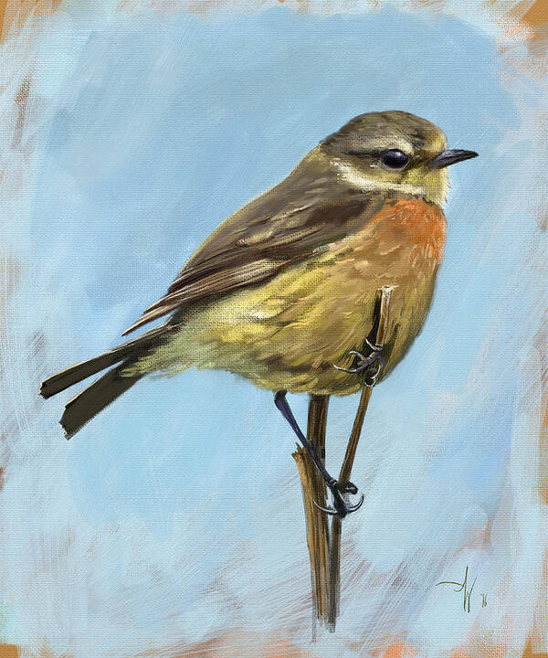 Stonechat Art Print featuring the painting Female Stonechat by Arie Van der Wijst