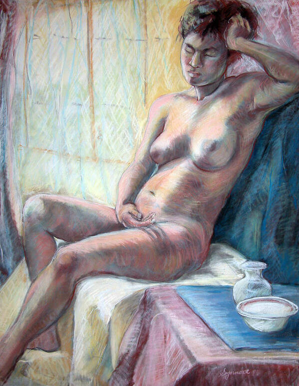 Seated Nude Art Print featuring the painting Figure With Dishes by Synnove Pettersen