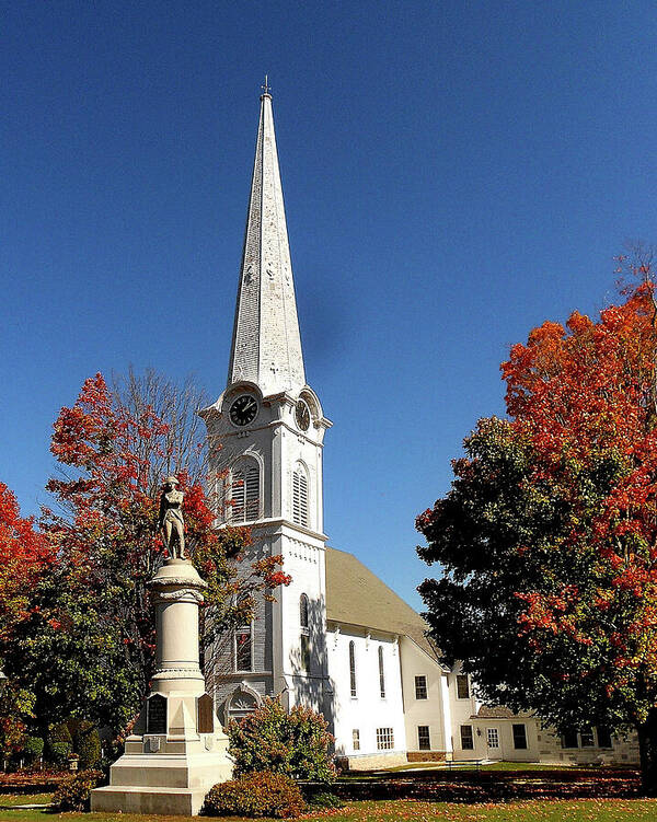 Church In Manchester Art Print featuring the photograph First Congregational Church and Ethan Allen Revolutionary War Patriot Statue in Manchester Vermont by Linda Stern
