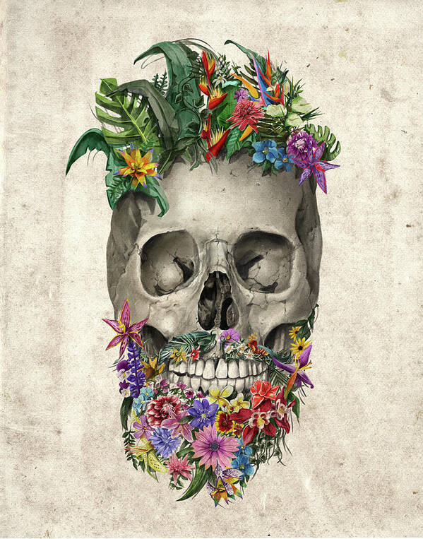 Skull Art Print featuring the painting Floral Beard Skull by Bekim M