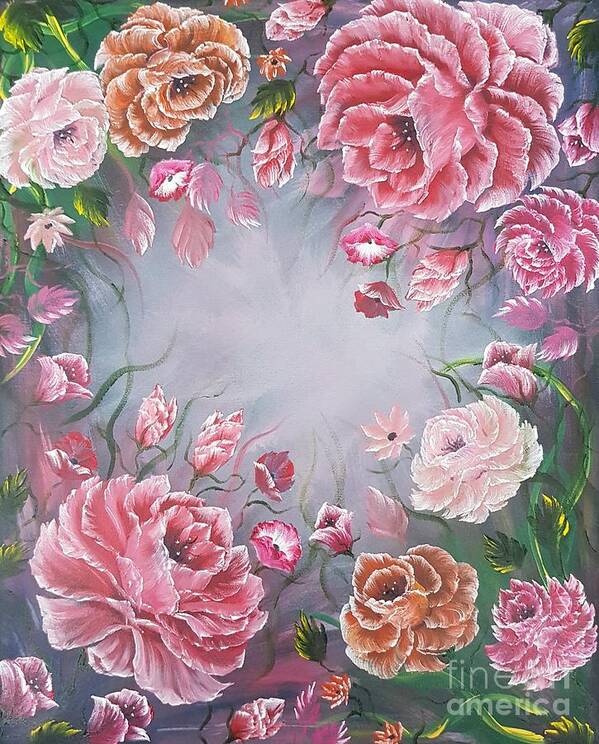 Red Art Print featuring the painting Floral enchanting red roses by Angela Whitehouse