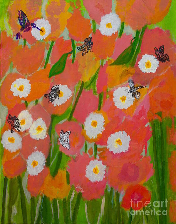 Fine-art-painting-semi-abstract Art Print featuring the painting Flowers and Butterflies by Catalina Walker