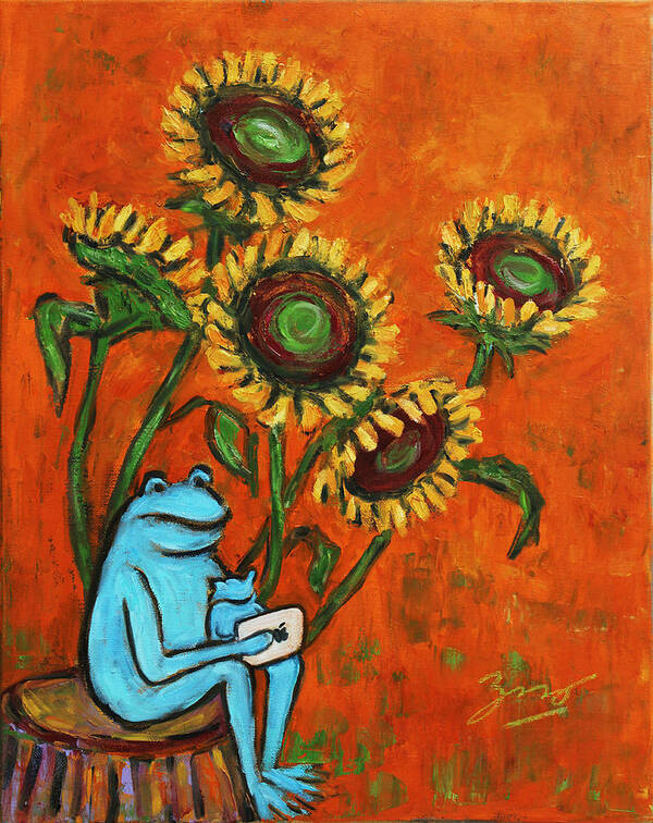 Still Life Art Print featuring the painting Frog i Padding amongst Sunflowers by Xueling Zou