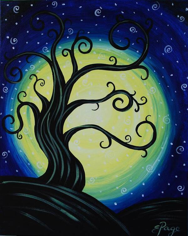 Funky Tree Art Print featuring the painting Funky Tree at Midnight by Emily Page