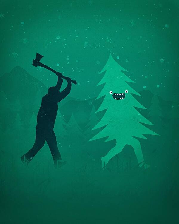 Cute Art Print featuring the digital art Funny Cartoon Christmas tree is chased by Lumberjack Run Forrest Run by Philipp Rietz
