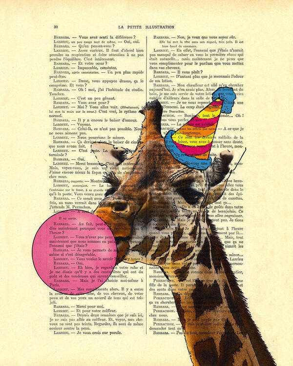 Giraffe Art Print featuring the digital art Funny giraffe, dictionary art by Madame Memento