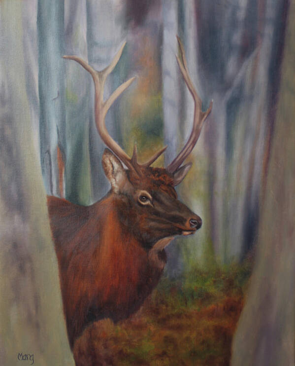 Elk; Gaming; Woods; Antlers Art Print featuring the painting Game by Marg Wolf
