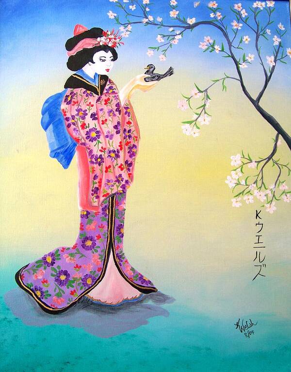 Geisha Art Print featuring the painting Geisha with Bird by Kathern Ware