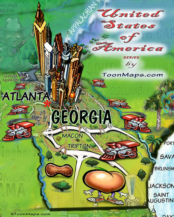 Georgia Art Print featuring the digital art Georgia Cartoon Map by Kevin Middleton