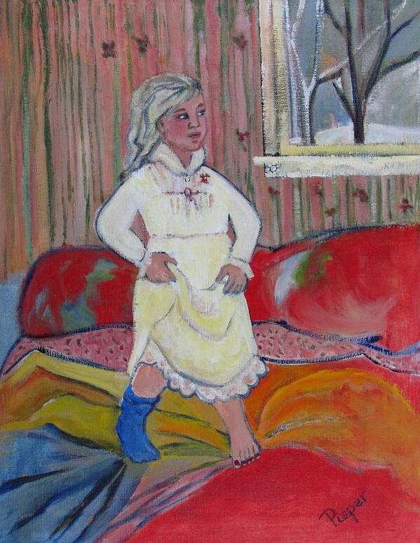 Young Girl On Bed Art Print featuring the painting Girl with Blue Sock and Red Toe Nails by Betty Pieper