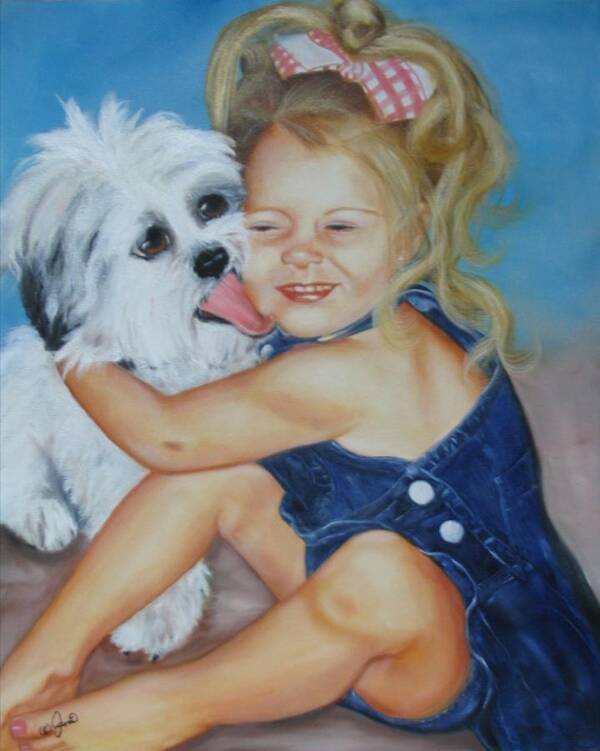 Child Art Print featuring the painting Girl with Puppy by Joni McPherson