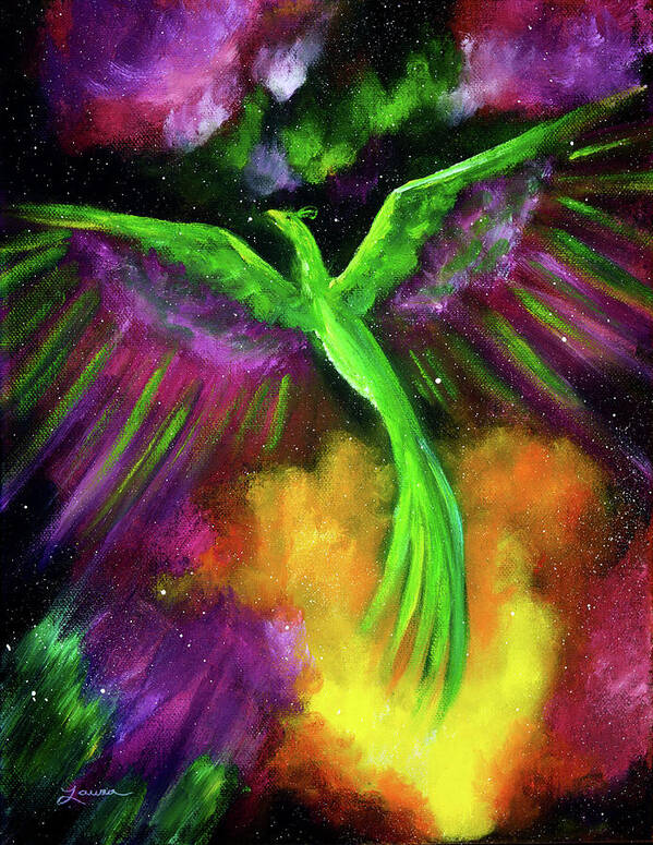 Phoenix Art Print featuring the painting Green Phoenix in Bright Cosmos by Laura Iverson