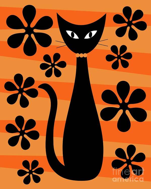 Donna Mibus Art Print featuring the digital art Groovy Flowers with Cat Orange and Light Orange by Donna Mibus