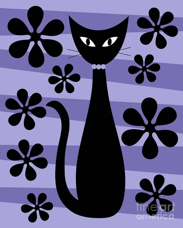 Donna Mibus Art Print featuring the digital art Groovy Flowers with Cat Purple and Light Purple by Donna Mibus