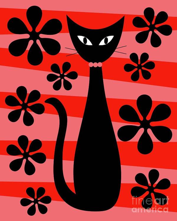 Donna Mibus Art Print featuring the digital art Groovy Flowers with Cat Red and Light Red by Donna Mibus