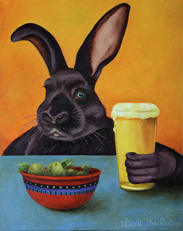Rabbit Art Print featuring the painting Hoppy Hour by Leah Saulnier The Painting Maniac
