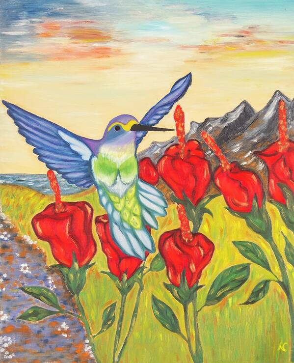Hummingbird Art Print featuring the painting Nectar of Life - Hummingbird by Neslihan Ergul Colley